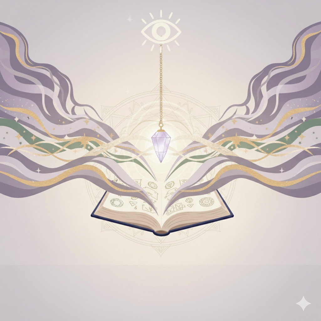 Question Pendule : Votre guidance directe, Un Oui ou un Non immédiat - Illustration spirituelle d’un pendule en cristal violet suspendu au-dessus d’un livre ancien ouvert, avec un œil de la sagesse (troisième œil) rayonnant en haut. Flux énergétiques colorés, mandala sacré et symboles ésotériques. Art pour les questions pendule, guidance oui/non immédiate, radiesthésie et réponses directes de l’univers.