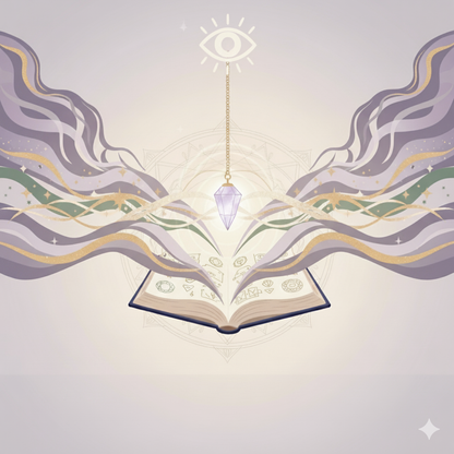 Question Pendule : Votre guidance directe, Un Oui ou un Non immédiat - Illustration spirituelle d’un pendule en cristal violet suspendu au-dessus d’un livre ancien ouvert, avec un œil de la sagesse (troisième œil) rayonnant en haut. Flux énergétiques colorés, mandala sacré et symboles ésotériques. Art pour les questions pendule, guidance oui/non immédiate, radiesthésie et réponses directes de l’univers.