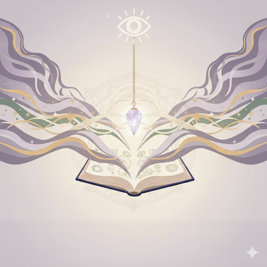 Question Pendule : Votre guidance directe, Un Oui ou un Non immédiat - Illustration spirituelle d’un pendule en cristal violet suspendu au-dessus d’un livre ancien ouvert, avec un œil de la sagesse (troisième œil) rayonnant en haut. Flux énergétiques colorés, mandala sacré et symboles ésotériques. Art pour les questions pendule, guidance oui/non immédiate, radiesthésie et réponses directes de l’univers.