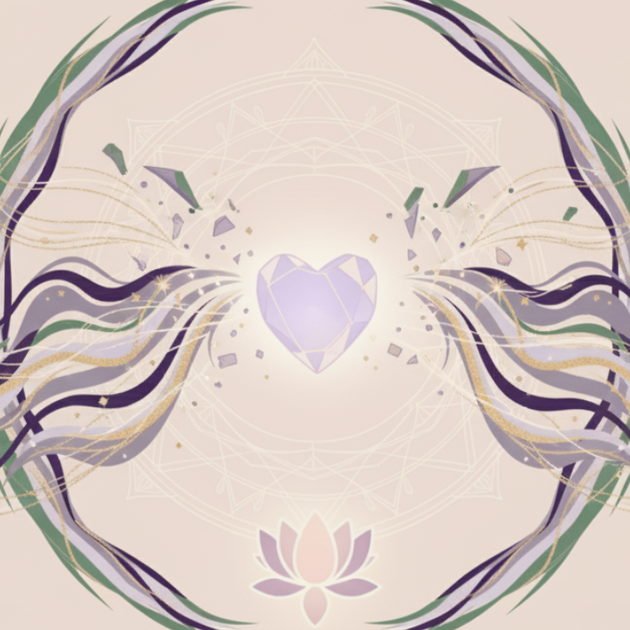 Récupération et Libération des Fragments d’Âme - Illustration spirituelle délicate représentant un cœur de cristal violet lumineux en train de se reconstituer, entouré de fragments flottants, de flux énergétiques ondulants verts, violets et dorés, sur un fond de mandala sacré et lotus. Art pour la récupération des fragments d’âme, libération et guérison de l’âme, soin énergétique profond et reconnexion spirituelle.