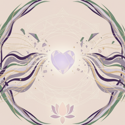Récupération et Libération des Fragments d’Âme - Illustration spirituelle délicate représentant un cœur de cristal violet lumineux en train de se reconstituer, entouré de fragments flottants, de flux énergétiques ondulants verts, violets et dorés, sur un fond de mandala sacré et lotus. Art pour la récupération des fragments d’âme, libération et guérison de l’âme, soin énergétique profond et reconnexion spirituelle.