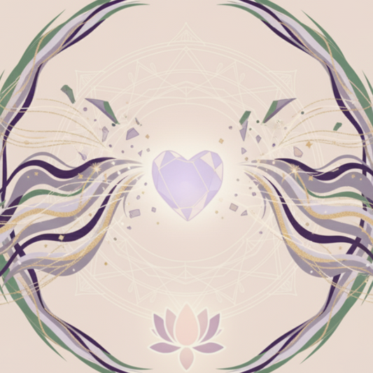 Récupération et Libération des Fragments d’Âme - Illustration spirituelle délicate représentant un cœur de cristal violet lumineux en train de se reconstituer, entouré de fragments flottants, de flux énergétiques ondulants verts, violets et dorés, sur un fond de mandala sacré et lotus. Art pour la récupération des fragments d’âme, libération et guérison de l’âme, soin énergétique profond et reconnexion spirituelle.