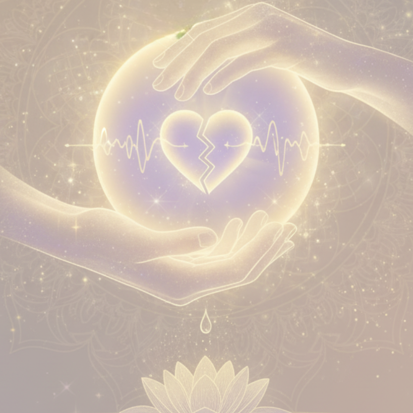 Rituel du Pardon - Illustration spirituelle douce représentant deux mains lumineuses tenant une sphère d’énergie contenant un cœur brisé traversé par une ligne de rythme cardiaque, sur fond de mandala sacré avec lotus et goutte d’eau. Art pour le rituel de pardon, guérison émotionnelle, libération du chagrin, réconciliation intérieure et paix du cœur.