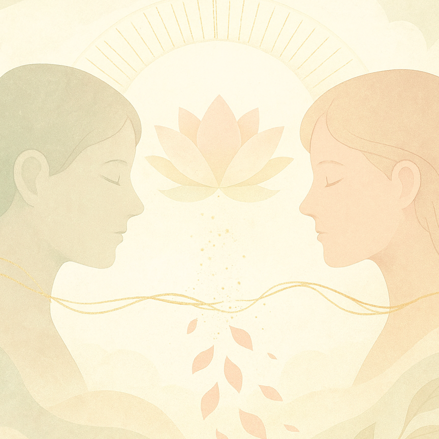 Rituel pour Couper les Liens Toxiques - Belle illustration éthérée et minimaliste montrant deux silhouettes de profil (masculin et féminin) se faisant face, reliées par un fil d’énergie doré au niveau du cou, avec un lotus lumineux au centre symbolisant la purification. Fond doux avec feuilles flottantes et halo solaire. Art spirituel dédié à la coupure des liens toxiques, libération des relations toxiques, sectionnement des cordons karmiques et énergétiques, détachement émotionnel et guérison relation