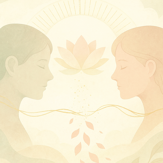 Rituel pour Couper les Liens Toxiques - Belle illustration éthérée et minimaliste montrant deux silhouettes de profil (masculin et féminin) se faisant face, reliées par un fil d’énergie doré au niveau du cou, avec un lotus lumineux au centre symbolisant la purification. Fond doux avec feuilles flottantes et halo solaire. Art spirituel dédié à la coupure des liens toxiques, libération des relations toxiques, sectionnement des cordons karmiques et énergétiques, détachement émotionnel et guérison relation