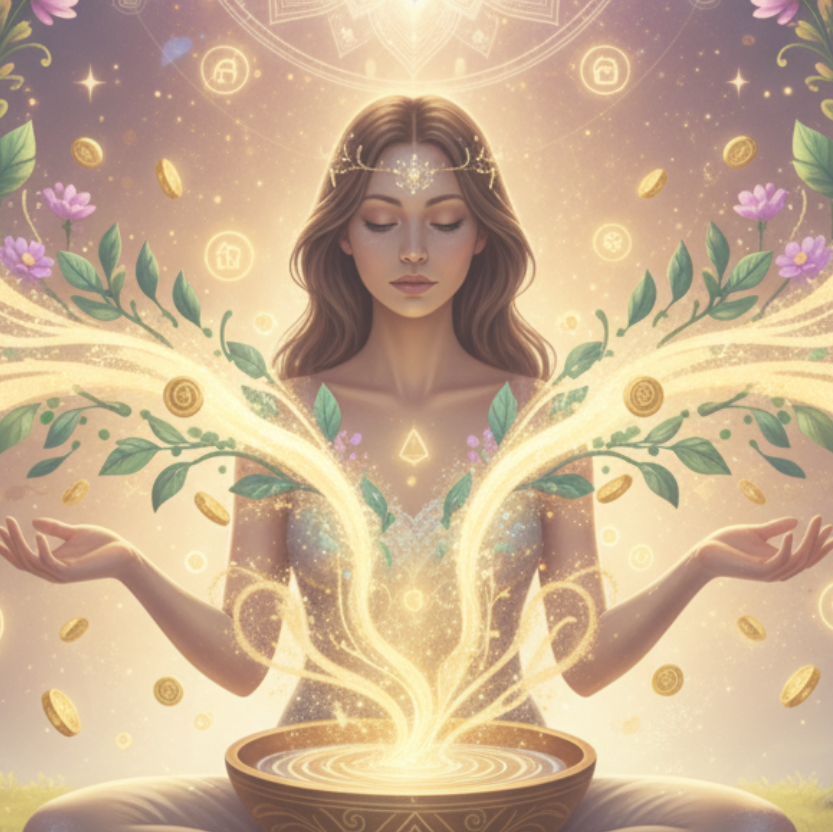 Rituel Prospérité et Abondance - Illustration spirituelle d’une femme en méditation, paumes ouvertes, entourée d’un puissant flux d’énergie dorée, pièces d’or flottantes et lumière abondante émanant d’un bol sacré. Fleurs, épis de blé et symboles de richesse complètent la scène. Art pour le rituel de prospérité, attraction de l’abondance financière, manifestation de richesse et activation de l’énergie d’abondance.