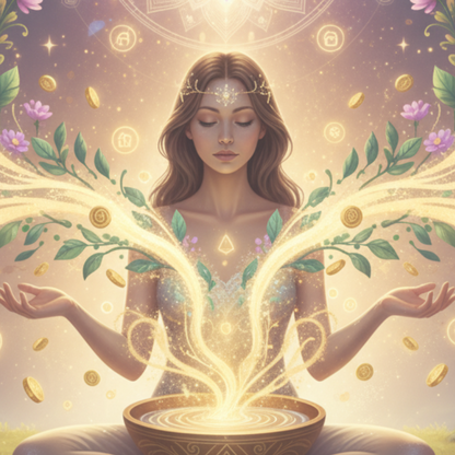 Rituel Prospérité et Abondance - Illustration spirituelle d’une femme en méditation, paumes ouvertes, entourée d’un puissant flux d’énergie dorée, pièces d’or flottantes et lumière abondante émanant d’un bol sacré. Fleurs, épis de blé et symboles de richesse complètent la scène. Art pour le rituel de prospérité, attraction de l’abondance financière, manifestation de richesse et activation de l’énergie d’abondance.