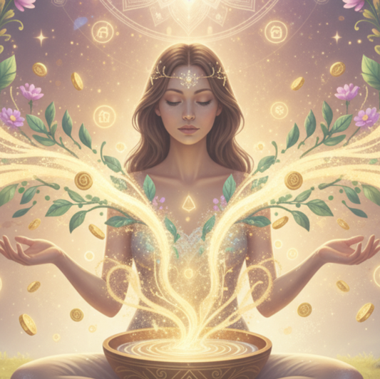 Rituel Prospérité et Abondance - Illustration spirituelle d’une femme en méditation, paumes ouvertes, entourée d’un puissant flux d’énergie dorée, pièces d’or flottantes et lumière abondante émanant d’un bol sacré. Fleurs, épis de blé et symboles de richesse complètent la scène. Art pour le rituel de prospérité, attraction de l’abondance financière, manifestation de richesse et activation de l’énergie d’abondance.