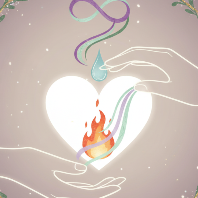 Soin Coupeur de Feu - Illustration spirituelle apaisante représentant deux mains lumineuses tenant un grand cœur blanc contenant une flamme et des rubans énergétiques, avec une goutte d’eau tombant du ciel et un symbole d’infini. Couronne de feuilles dorées et mandala en arrière-plan. Art pour le soin coupeur de feu, guérison des brûlures énergétiques, apaisement du feu intérieur, équilibre émotionnel et soin holistique.