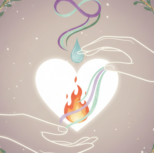 Soin Coupeur de Feu - Illustration spirituelle apaisante représentant deux mains lumineuses tenant un grand cœur blanc contenant une flamme et des rubans énergétiques, avec une goutte d’eau tombant du ciel et un symbole d’infini. Couronne de feuilles dorées et mandala en arrière-plan. Art pour le soin coupeur de feu, guérison des brûlures énergétiques, apaisement du feu intérieur, équilibre émotionnel et soin holistique.