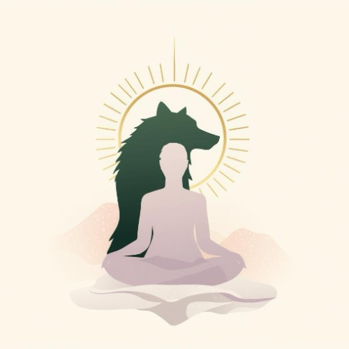 Vos Animaux Totem - Illustration spirituelle minimaliste représentant une silhouette en méditation lotus fusionnée avec un puissant loup, auréolé d’un soleil doré rayonnant. Art pour la connexion aux animaux totem, découverte de son animal de pouvoir, guidance animale et spiritualité chamanique.